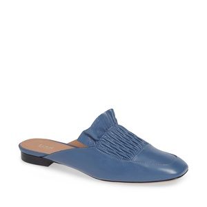 Lewit Serena ruffled blue leather loafer mule